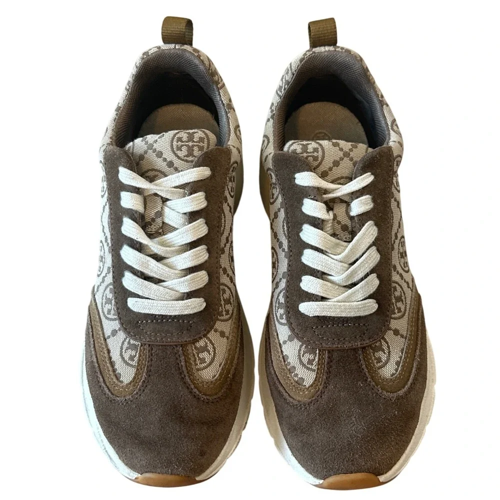 Tory Burch Good Luck T-Monogram Trainer Brown Suede Chunky Sneakers 8.5